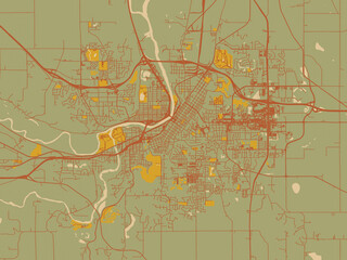 Vector-style flat map of Mankato, Minnesota with sage/olive tone field with rust networks and ochre shapes, cream water.