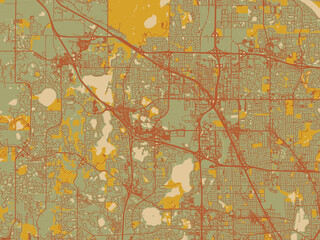 Decorative flat city map of Maple Grove, Minnesota using sage/olive tone field with rust networks and ochre shapes, cream water.