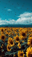 Vast field of sunflowers under a dramatic cloudy blue sky