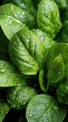 Close up of fresh wet spinach leaves with water droplets