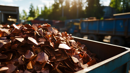 Heap of shiny metal pieces loaded in a container. Close up on material, recycling industry, outdoor shot, sunny day. Waste management, industrial.