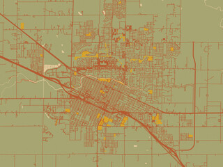 Graphic flat color map of Merced, California in sage/olive tone field with rust networks and ochre shapes, cream water.
