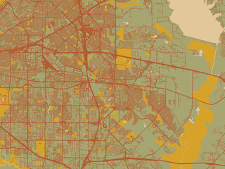 Decorative flat city map of Mesquite, Texas using olive backdrop with warm rust street network and ochre blocks.
