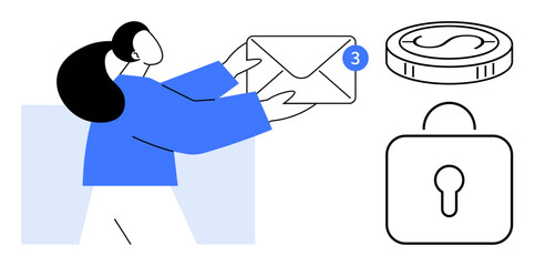 Woman holding an envelope with a new message notification. Nearby are coin and lock icons. Ideal for communication, email, finance, security, technology, online services workflow. Simple flat