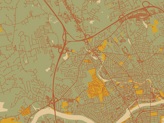 Obraz premium Decorative flat city map of Methuen, Massachusetts using olive backdrop with warm rust street network and ochre blocks.