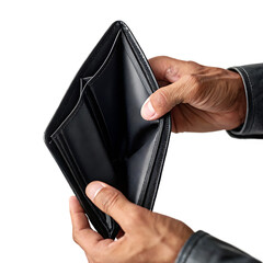 Man holding an open empty black leather wallet with zipper in his hands against black background