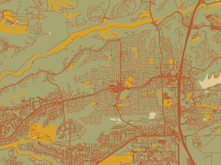 Obraz premium Stylized minimalist map of Mira Mesa, California in muted sage base, rust-colored roads, and soft ochre highlights.