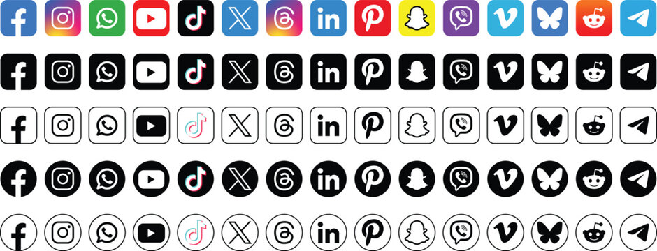 Mega Bundle Social Media Icons Set in Various Styles and Colors. Editorial Use Only.
