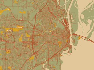 Poster-ready flat map of Mobile, Alabama, sage/olive tone field with rust networks and ochre shapes, cream water.