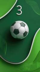 Obraz premium A classic black-and-white soccer ball rests on a vibrant green, wavy background. The number three is subtly placed above. The design suggests a sporty, celebratory theme