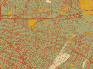 Vector-style flat map of Montebello, California with sage/olive tone field with rust networks and ochre shapes, cream water.