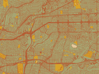 Abstract flat-design map of Monterey Park, California, featuring sage green ground with rust-red roads and ochre accents.