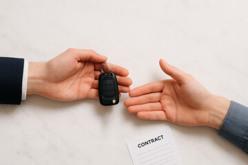 Two hands exchanging car keys over a contract on a marble surface  