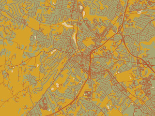 Decorative flat city map of Morristown New, Jersey using earthy sage background with rust roadways and ochre details.
