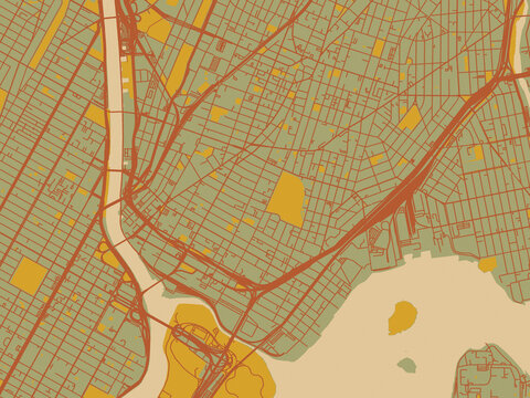 Modern flat map poster of Mott Haven, New York in sage green ground with rust-red roads and ochre accents.