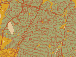 Obraz premium Vector-style flat map of Mount Vernon, New York with sage/olive tone field with rust networks and ochre shapes, cream water.