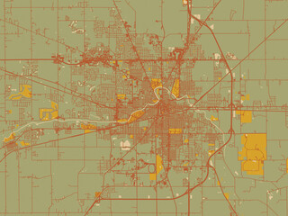 Decorative flat city map of Muncie, Indiana using olive backdrop with warm rust street network and ochre blocks.