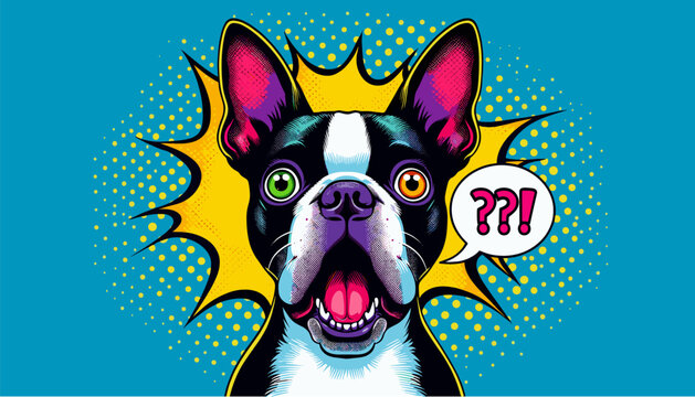 Boston Terrier with colored eyes and shocked comic face in pop art style, empty spech bubble