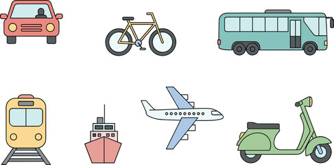 Transportation icons, car, bicycle, bus, train, ship, airplane, scooter, travel vehicles, flat vector illustration, land, water, air transport