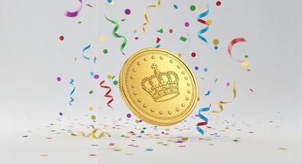 Golden doubloon falling with colorful confetti on white background  