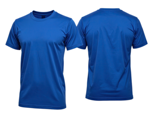 Front and back view of a royal blue t-shirt.  Blank, ready for design