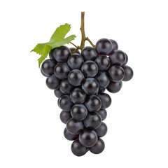 Fototapeta premium Bunch of Dark Purple Grapes with Green Leaf Isolated