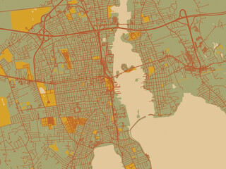 Decorative flat city map of New Bedford, Massachusetts using sage/olive tone field with rust networks and ochre shapes, cream water.