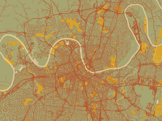 Obraz premium Stylized minimalist map of Nashville, Tennessee in muted sage base, rust-colored roads, and soft ochre highlights.