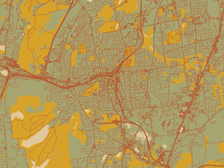 Fototapeta premium Poster-ready flat map of New Britain, Connecticut, olive backdrop with warm rust street network and ochre blocks.