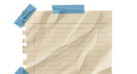 A slightly crumpled beige notebook page with black dotted lines and rough torn left side, taped with blue masking tape, realistic paper texture, soft shadow, stationery aesthetic