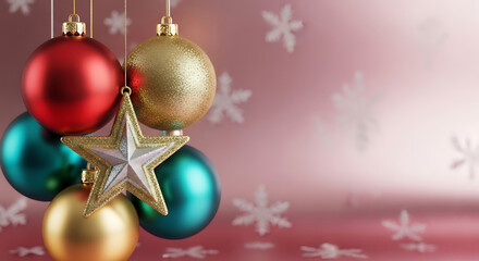 Fototapeta premium Christmas ornaments red gold teal star hanging baubles