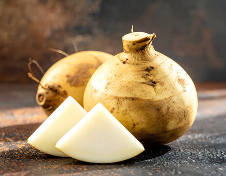Close up view of fresh yams and cut slices