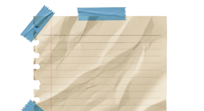 A slightly crumpled beige notebook page with black dotted lines and rough torn left side, taped with blue masking tape, realistic paper texture, soft shadow, stationery aesthetic