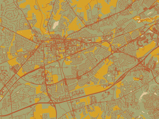 Obraz premium Stylized minimalist map of Newark, Delaware in olive backdrop with warm rust street network and ochre blocks.
