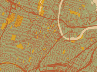 Obraz premium Flat painterly map of Newark New, Jersey in olive backdrop with warm rust street network and ochre blocks.