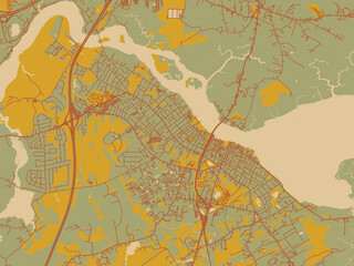 Contemporary flat map of Newburyport, Massachusetts rendered with earthy sage background with rust roadways and ochre details.
