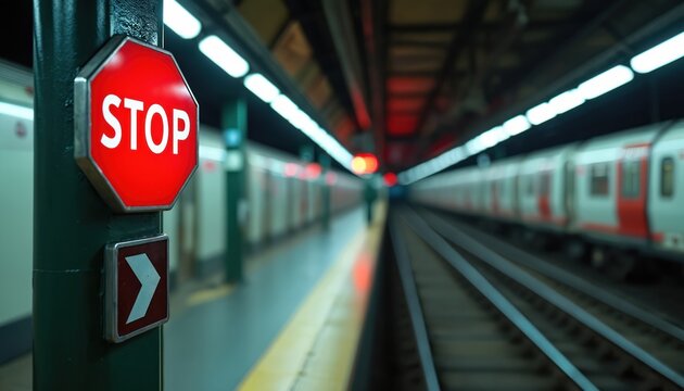 Inside subway station view shows a bright red stop sign on a metal pole. Subway train arrives to rail. This urban scene shows public transport safety. - Powered by Adobe