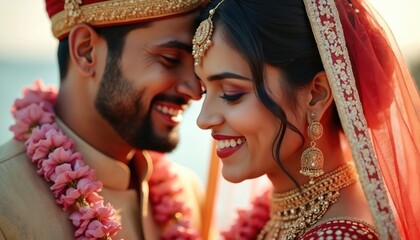 Young Indian couple smiles at their wedding. Bride wears traditional red veil and gold jewelry. Groom wears ornate turban and floral garland. They share a happy moment.