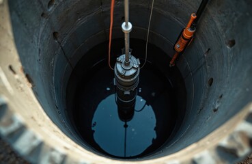 Deep well filled with water. Electric submersible pump lowers into concrete structure. Industrial machinery system for water extraction. Plumbing equipment used for liquid supply. Modern tech for