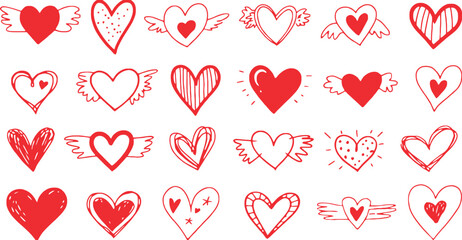 Collection of red heart doodles with and without wings on white paper