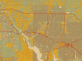 Contemporary flat map of North Port, Florida rendered with olive backdrop with warm rust street network and ochre blocks.