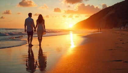 Fototapeta premium Couple strolls along sea shore. Man and woman hold hands near ocean. Golden sunset light reflects on wet sand. Warm summer evening, romantic walk, relaxed vacation vibe.