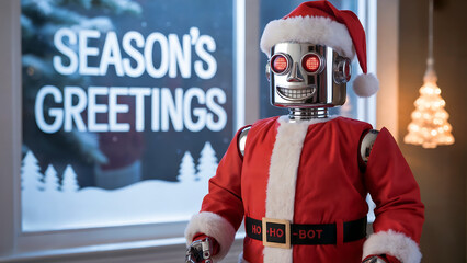A photograph of a vintage, chrome-plated robot dressed as Santa Claus. The robot has blinking red LED eyes and a wide, fixed grin, wearing a bright red Santa suit with fluffy white trim and a black be