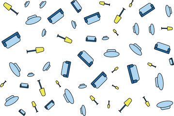 Minimalist seamless pattern of sofas, lamps, and tables in blue and yellow, simple home furniture design.