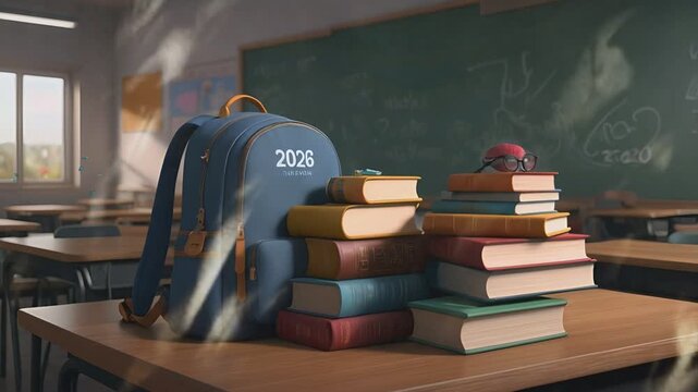 Back to school theme background, bag on the table with 2026 logo and stack of books