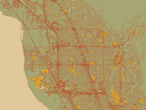 Flat painterly map of Orem, Utah in sage/olive tone field with rust networks and ochre shapes, cream water.