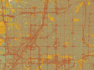 Fototapeta premium Stylized minimalist map of Overland Park, Kansas in sage/olive tone field with rust networks and ochre shapes, cream water.