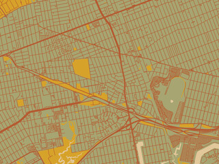 Stylized minimalist map of Ozone Park, New York in sage/olive tone field with rust networks and ochre shapes, cream water.