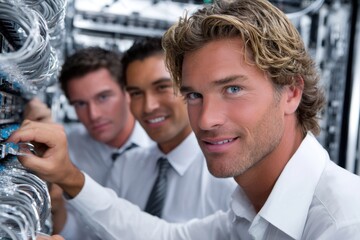 Three IT professionals working on servers in a data center during the day