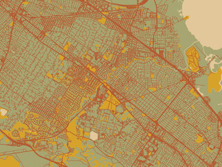 Obraz premium Abstract flat-design map of Palo Alto, California, featuring sage/olive tone field with rust networks and ochre shapes, cream water.